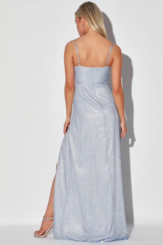 Lucky For You Light Blue Glitter Bustier Maxi Dress – designarche