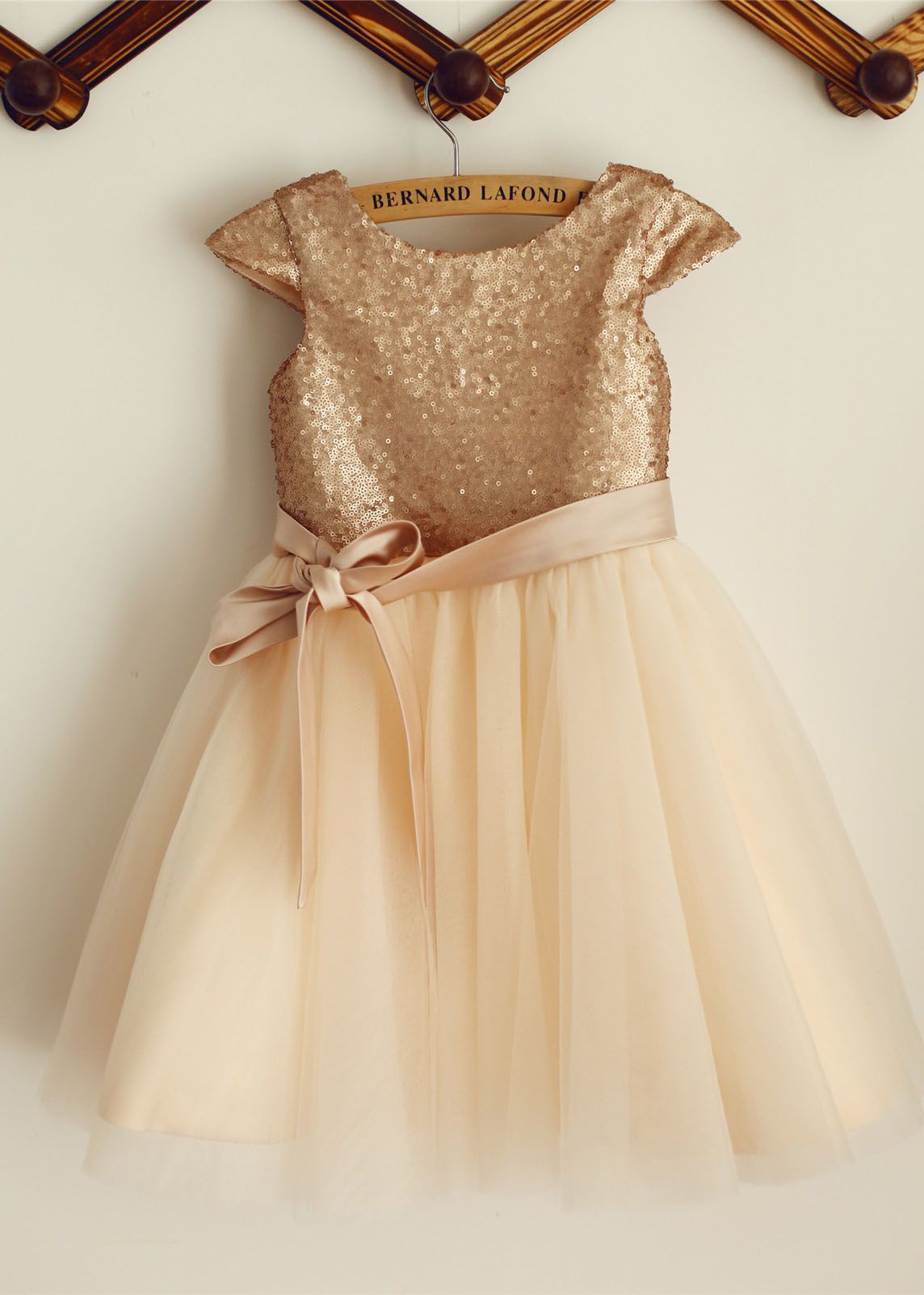 Golden Sequin Tulle Knee Length Princess Dress