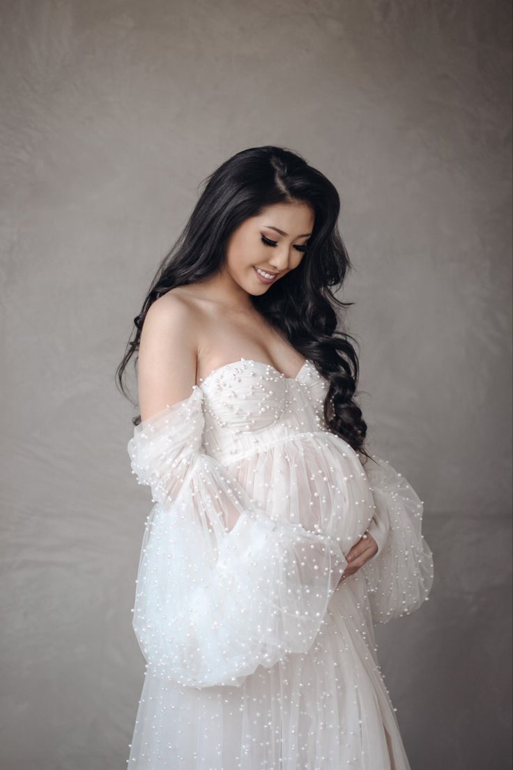 White Tule pearl Maternity Shoot Dress