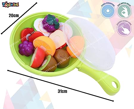 designarche Realistic Sliceable 6 Pcs Fruits Cutting Play Toy Set with Pan, Can Be Cut in 2 Parts
