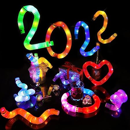 designarche LED Flashing Pop Tube Fidget 6 Pcs Toy Fun Pull and Pop Tubes Sensory Tubes for Kids Adults Stretch and Bend ADHD Autism Anxiety Stress Relief Toys Great Gift Party Prizes