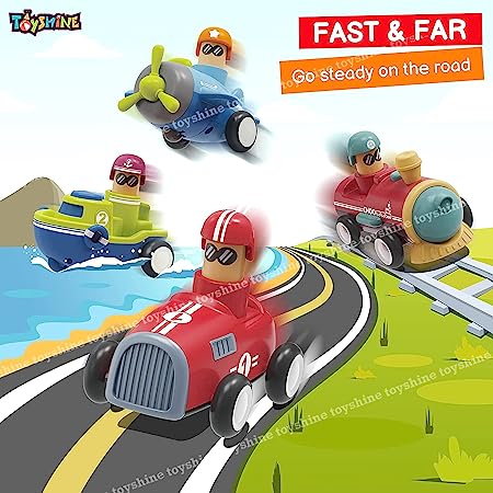 designarche Pack of 4 Toy Cars Push and Go Play Set Friction Powered Car Pull Back Vehicles Transport Tools Gifts for Babies Toddlers Kids Boys Girls Age 3+ Years Old (Including Car Airplane Boat Train)