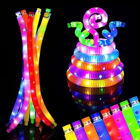 designarche LED Flashing Pop Tube Fidget 6 Pcs Toy Fun Pull and Pop Tubes Sensory Tubes for Kids Adults Stretch and Bend ADHD Autism Anxiety Stress Relief Toys Great Gift Party Prizes