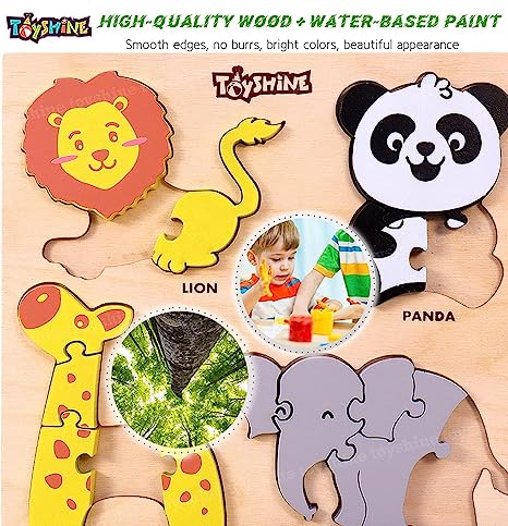designarche 4 in 1 Wooden Pick and Fix Wild Animals Puzzle Toy, Wooden Puzzle with Thick Wooden Slab - Wild Animals