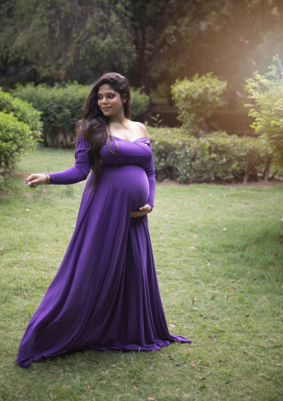 Designarche Beautiful Maternity Dark Purple Floor Length Gown With Full Sleeves maternity wear