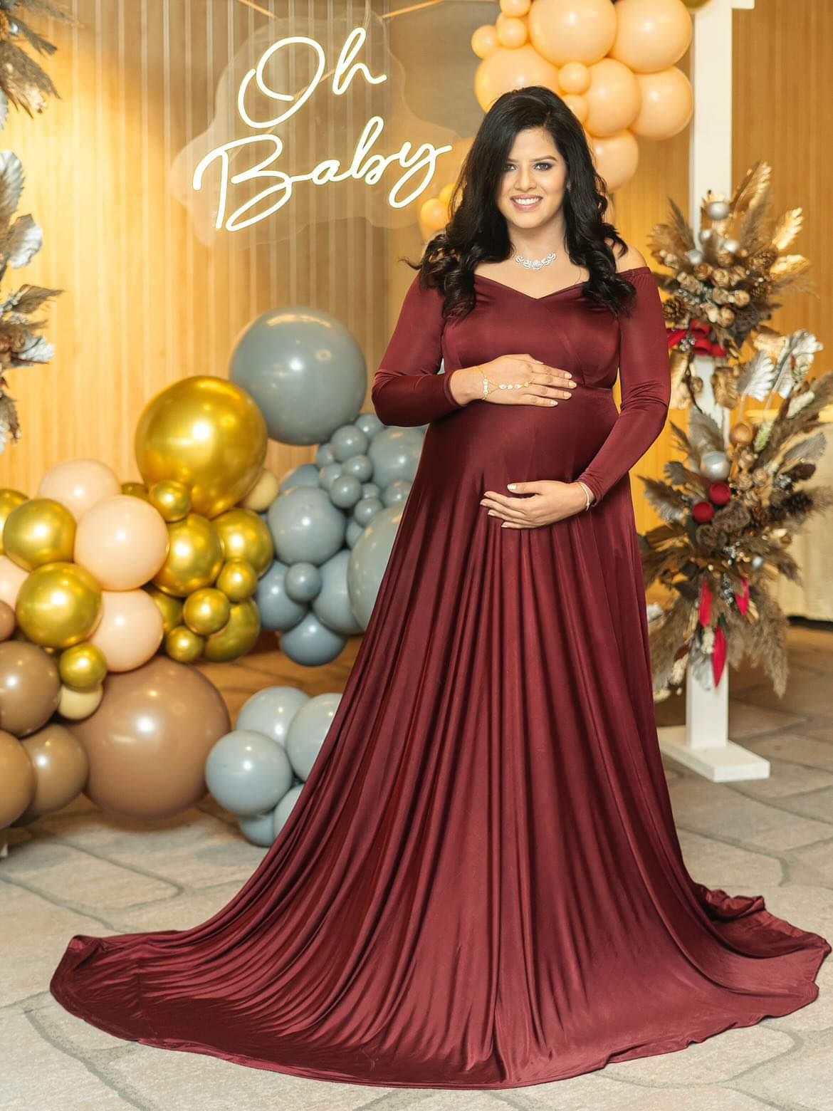 Designarche Burgundy Color Maternity Gown & Bateau Neck With Decent Sleeves