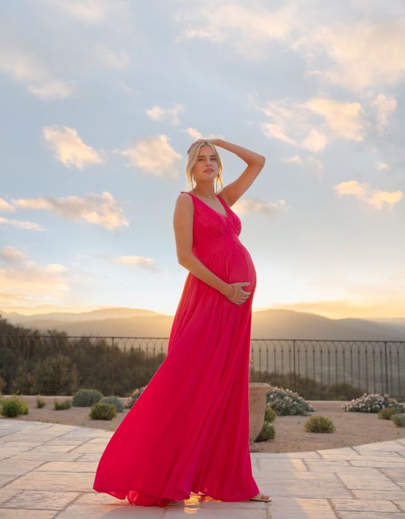Red Chiffon Matenrity Light Weight Baby shower Dress – designarche Red Chiffon Matenrity Light Weight Baby shower Dress – designarche