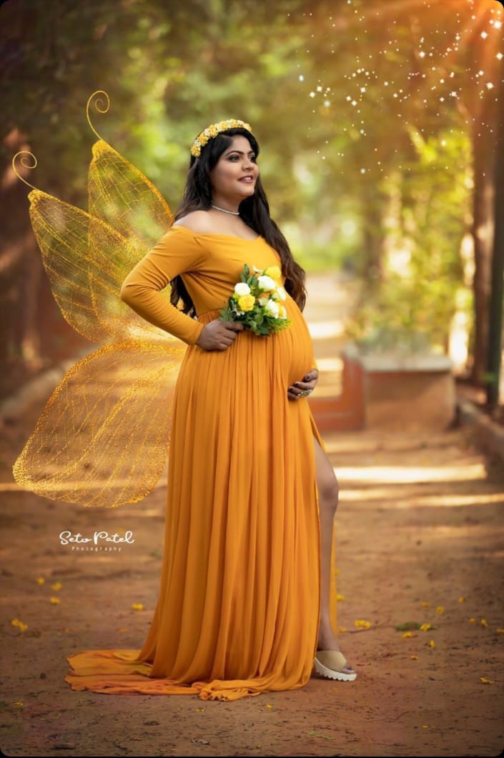 Designarche Beautiful Maternity Mango Yellow Side Slit Ruffle Dress With Decent Sleeves