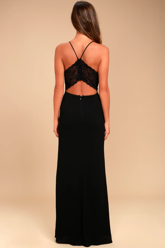 Story of a Starry Night Black Backless Lace Maxi Dress