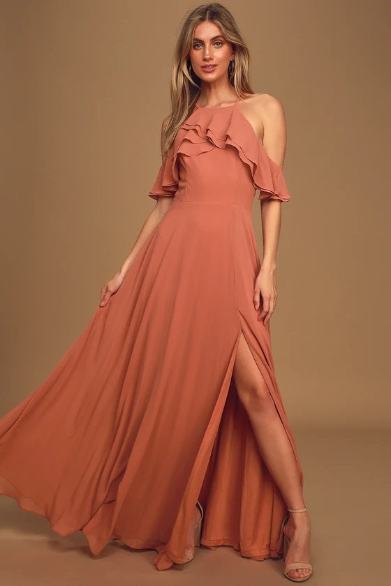 Stun and Only Rusty Rose Ruffled Off-the-Shoulder Maxi Dress