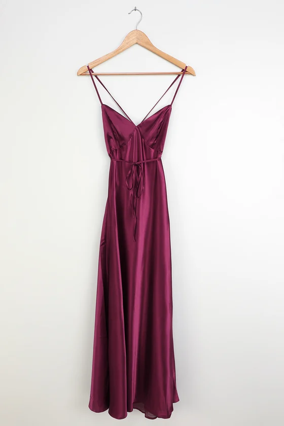 One Last Glance Plum Purple Satin Lace-Up Maxi Dress