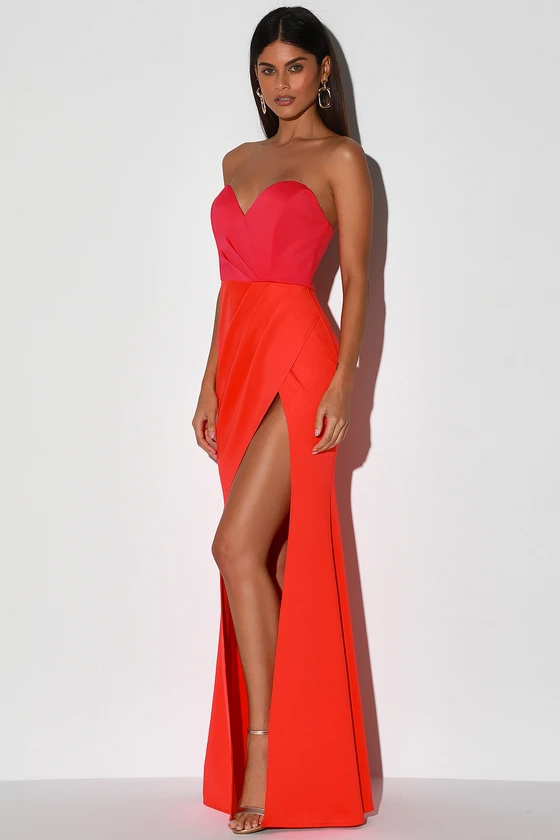 Spotlight On You Fuchsia and Coral Orange Strapless Maxi Dress