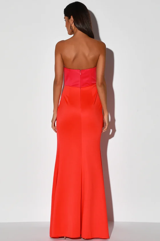 Spotlight On You Fuchsia and Coral Orange Strapless Maxi Dress