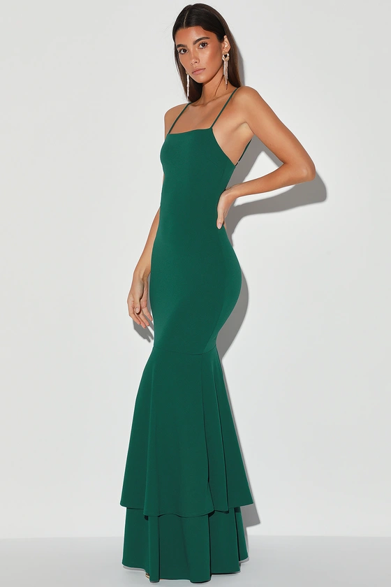 Tier and There Hunter Green Tiered Trumpet Hem Maxi Dress