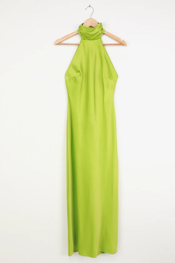 Bravado Chartreuse Satin Halter Backless Maxi Dress