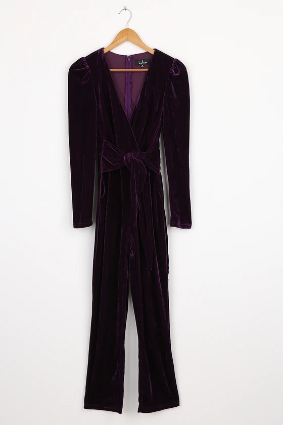 Feeling Festive Purple Velvet Surplice Long Sleeve Jumpsuit