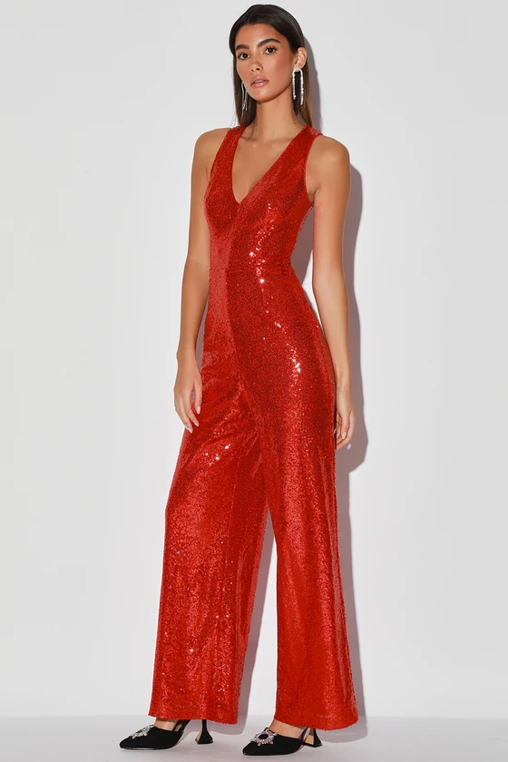 Where the Wild Blings Are Red Sequin Wide-Leg Jumpsuit