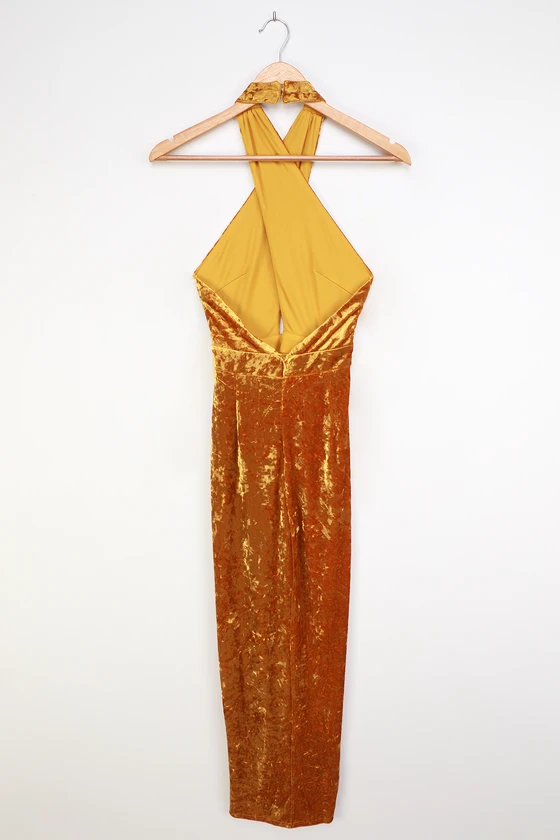 Got to Flaunt Golden Yellow Velvet Crisscross Halter Maxi Dress