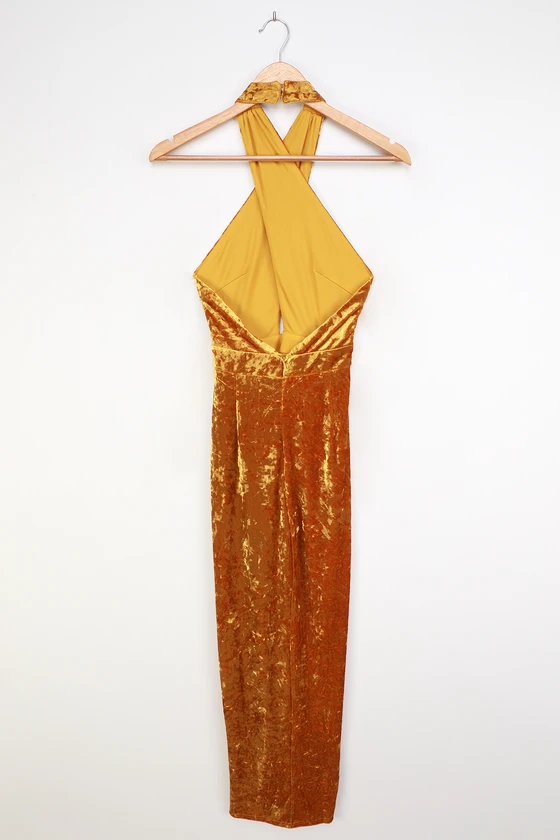 Got to Flaunt Golden Yellow Velvet Crisscross Halter Maxi Dress designarche Got to Flaunt Golden Yellow Velvet Crisscross Halter Maxi Dress designarche