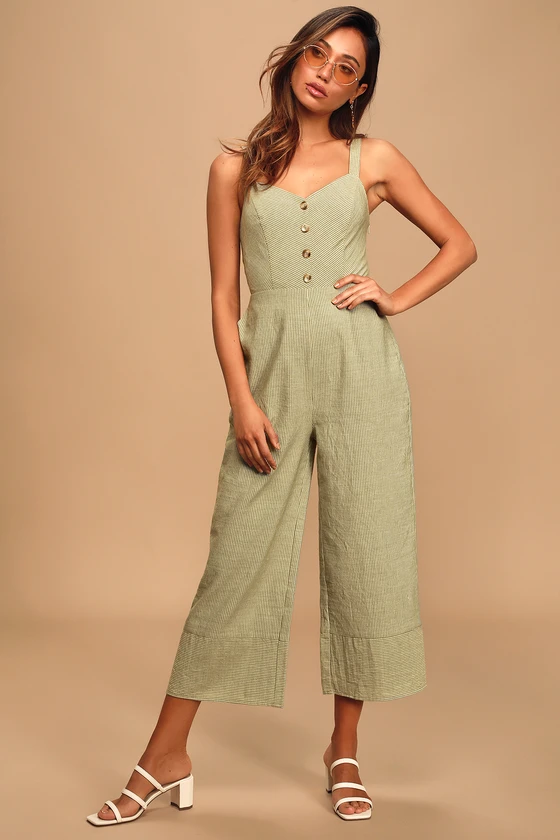 Tell Me Lines Sage Green Striped Button Front Culotte Jumpsuit