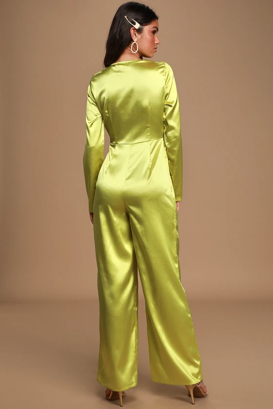 Be So Bold Lime Green Satin Long Sleeve Tie-Front Jumpsuit