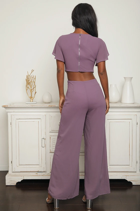 Toast to You Dusty Purple Flutter Sleeve Cutout Jumpsuit