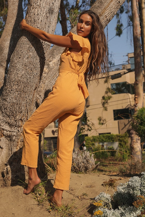 Sunny Day Dreamer Mustard Yellow Ruffled Button-Front Jumpsuit