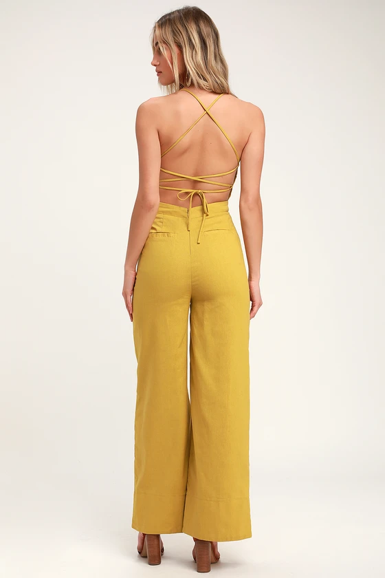 Beach Day Mustard Yellow Backless Jumpsuit