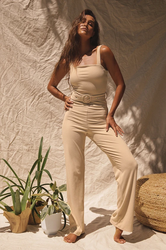 Molly Beige Ribbed Belted Jumpsuit
