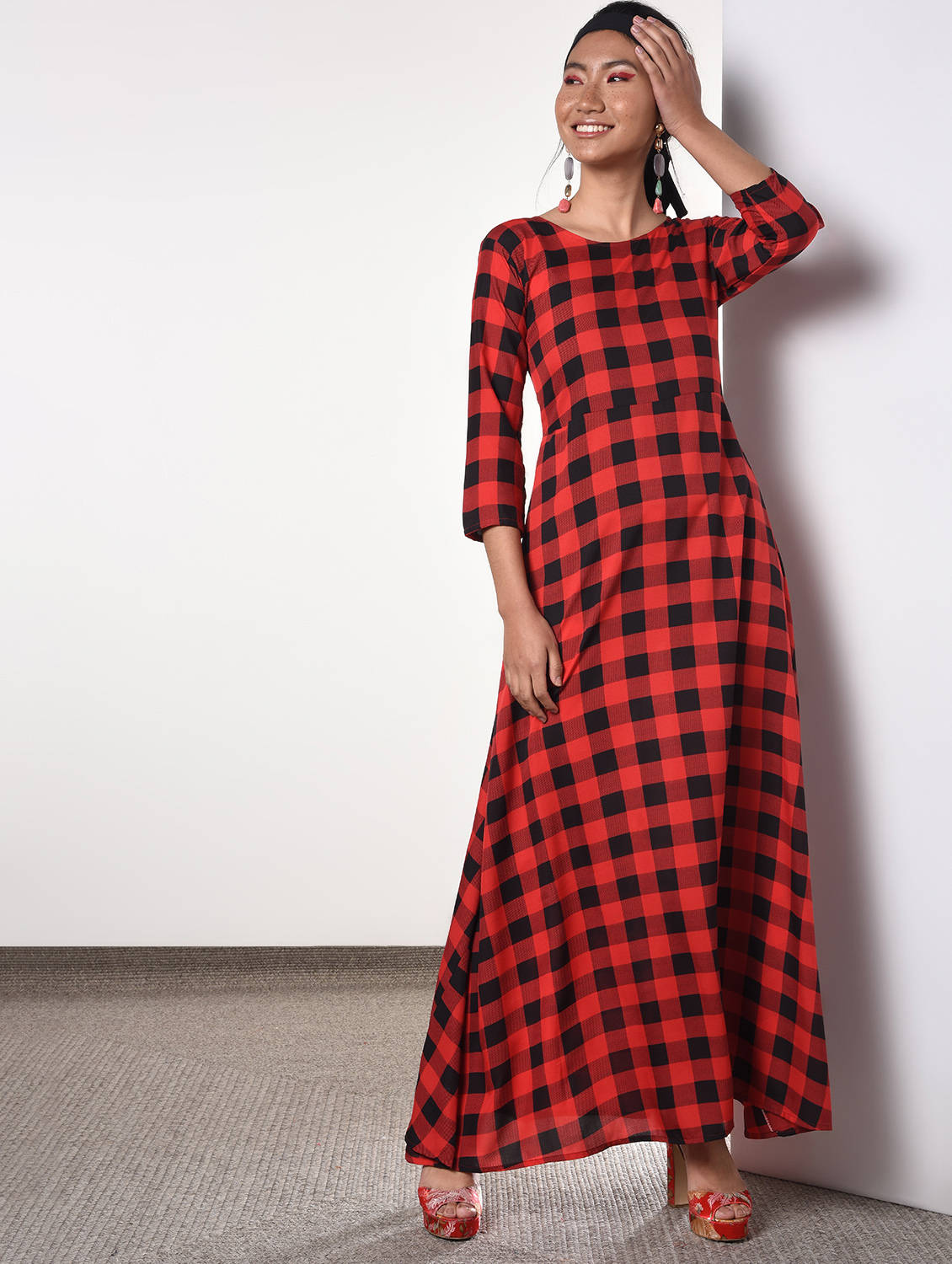 Gingham checkered A-line maxi dress