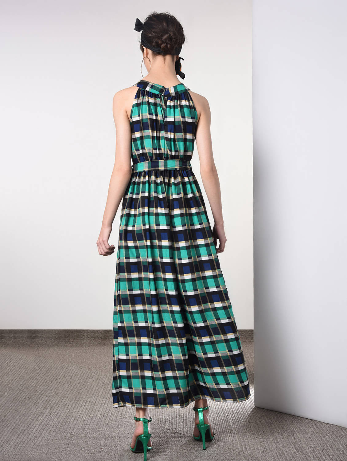 Tie front checkered maxi dress