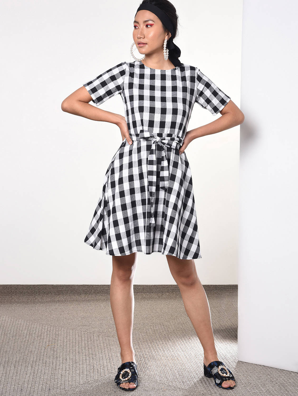 Tie front gingham checks flared dress