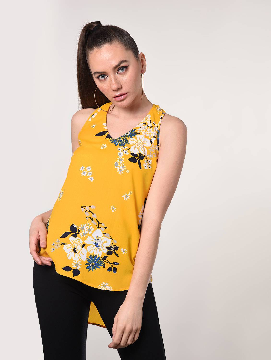 yellow white floral printed top