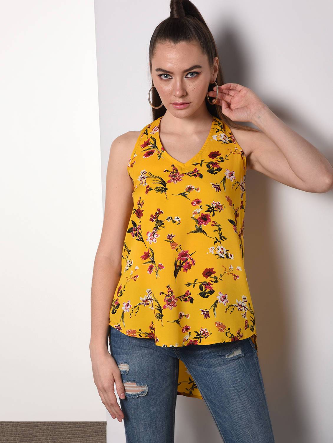 yellow floral printed top