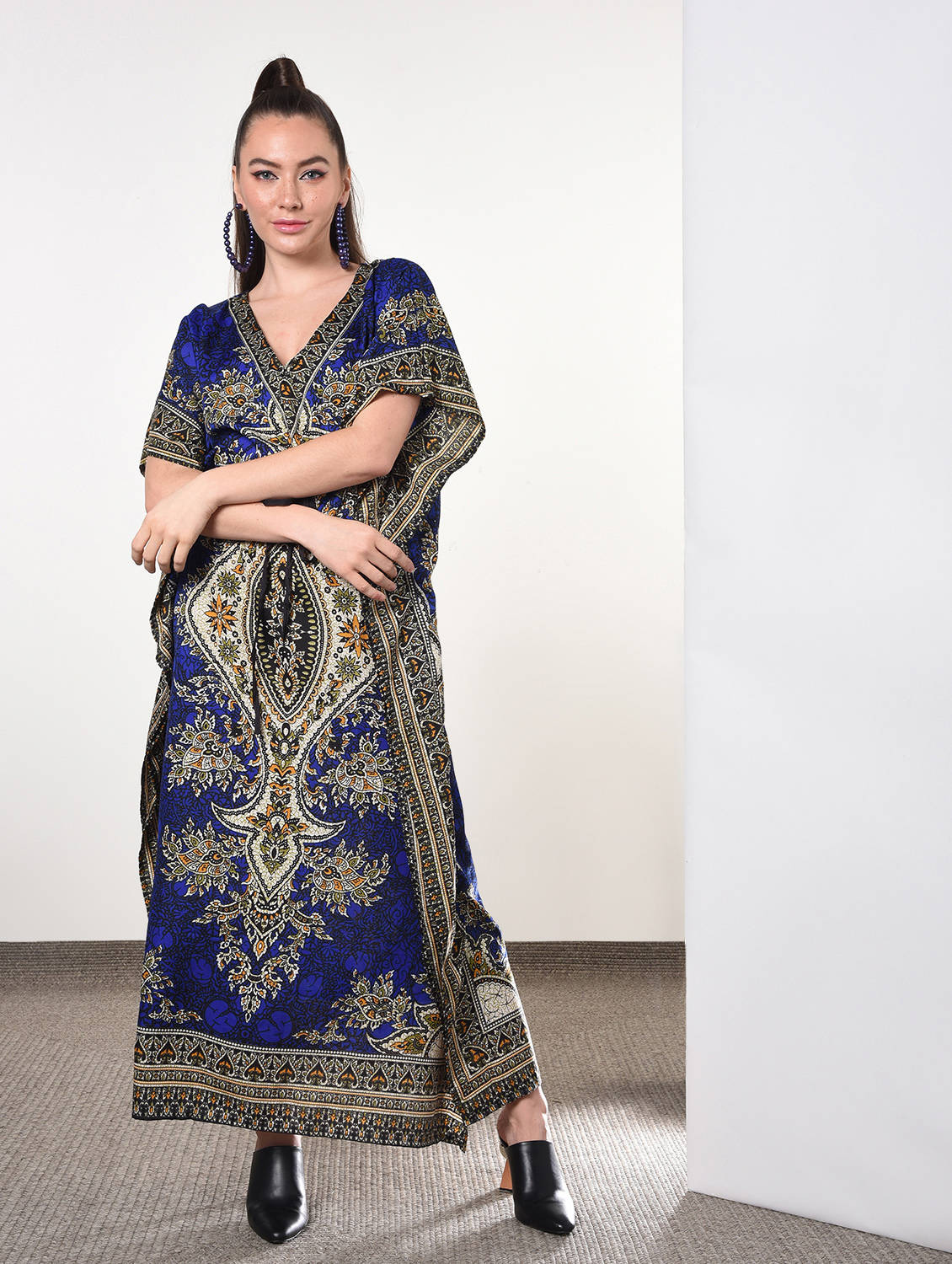 Drawstring waist scarf print kaftan dress