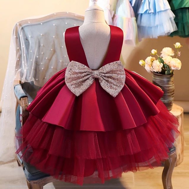 Red net baby princess dress with a bow