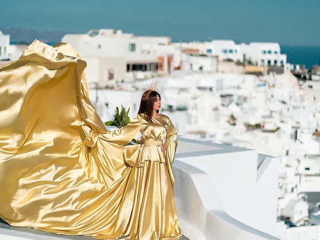 Golden Long Sleeve Dress Prewedding or proposal photoshoot Designarche Dress
