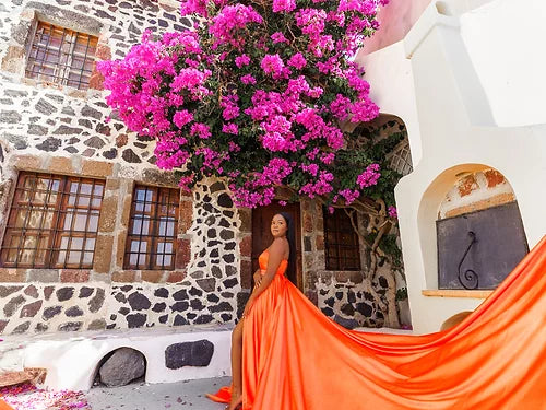 Orange Satin cross neck Prewedding Designarche Photoshoot or Proposal dress