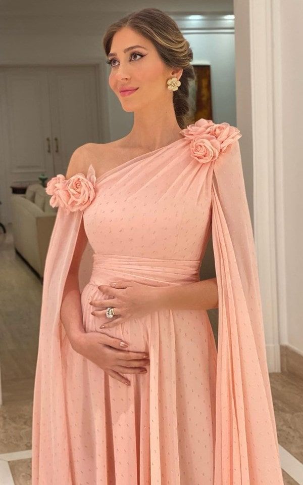 Designarche Peach Long Maternity Gown with long sleeves best suited for maternity photoshoot or Baby Shower