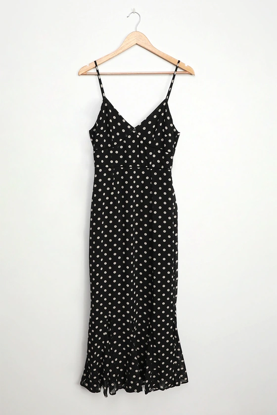 Best Spot to Be Black Polka Dot Sleeveless Ruffled Midi Dress
