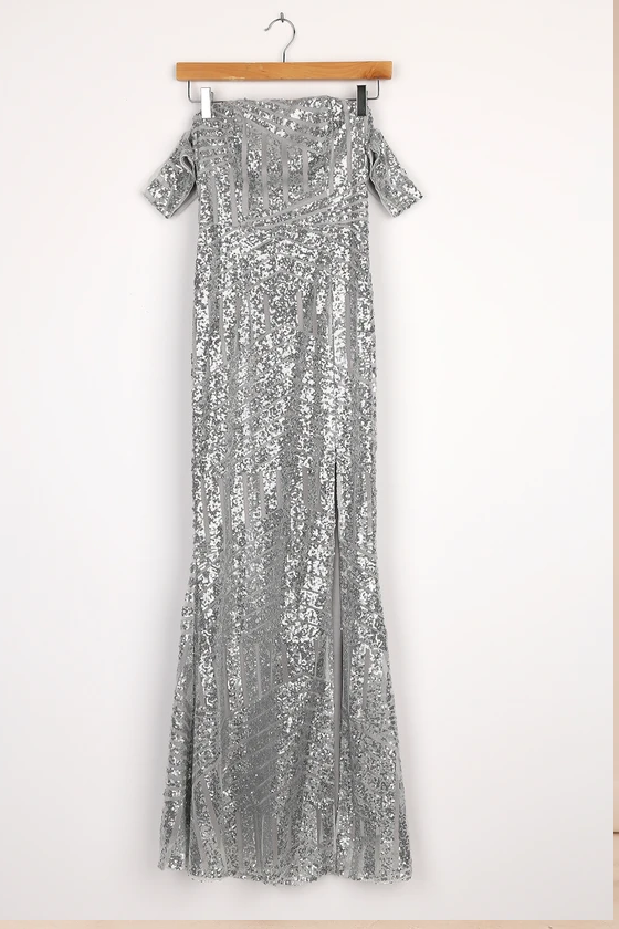 You and Me Silver Sequin Off-the-Shoulder Mermaid Maxi Dress
