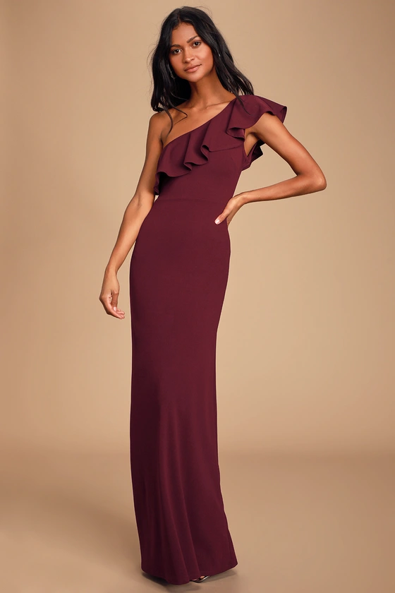 Last Forever Burgundy One-Shoulder Ruffle Maxi Dress  designarche