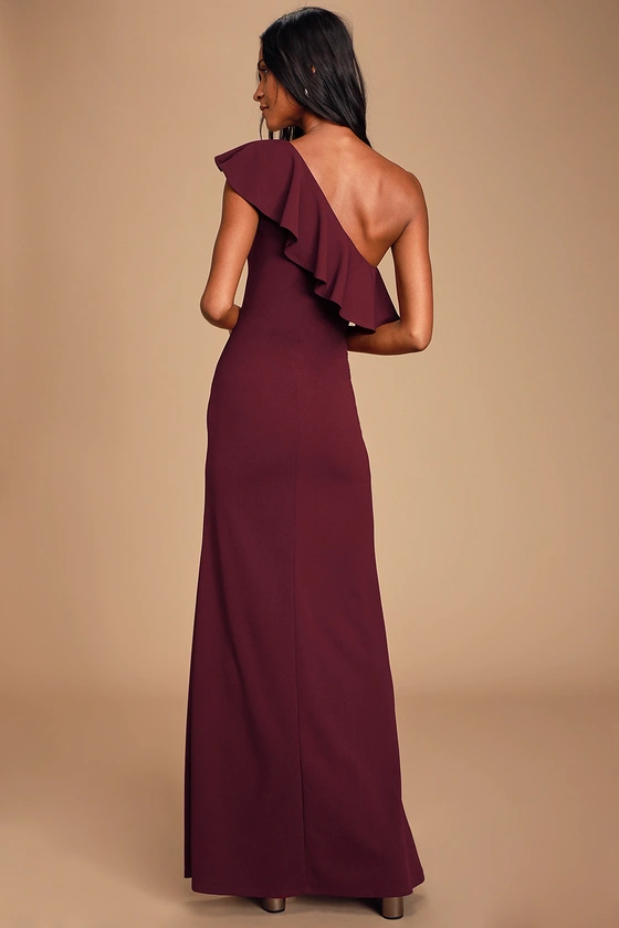 Last Forever Burgundy One-Shoulder Ruffle Maxi Dress